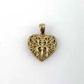 14K Gold Filigree Heart Charm Pendant Reversible