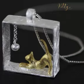 3D Playful-Kitty-in-Square-Frame Necklace in Solid 925 Sterling Silver