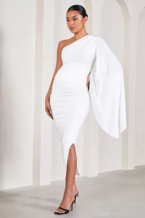 Adeline | White Ruched Asymmetric Split Maternity Midi Dress With Cape Sleeve