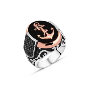 Anchor on Ellipse Black Onyx Stone Silver Men's Ring Siding Zircons in Epaulet Shape