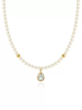 AQUAMARINE LIGHT BLUE Gemstone Pearl Necklace