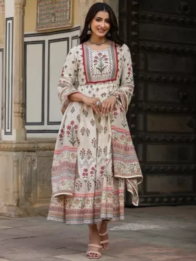 Beige Cambric Printed Flared Clothing Set