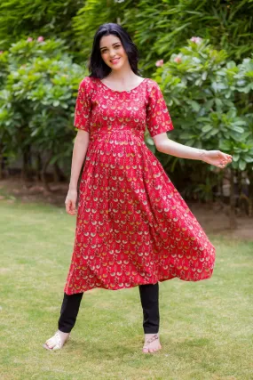 Chirpy Red Maternity & Nursing Concealed Zips Kurta Dress