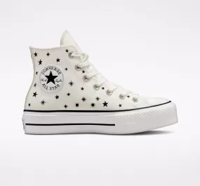 Converse high sneakers in canvas with wedge Chuck Taylor All Star Lift Platform Embroidered Stars A03724C egret-black 