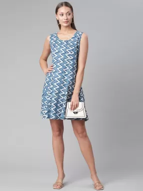 Divena Blue Knee Length Cotton Dress