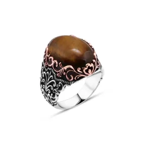 Domic Ellipse Tiger Eye Stone Silver Men's Ring with Wavy Pattern Around