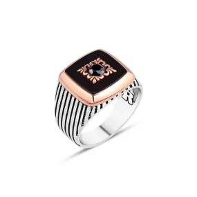 Eye Figure with Zircon Stone on Black Square Onyx Stone Silver Men's Ring with Stripe Pattern