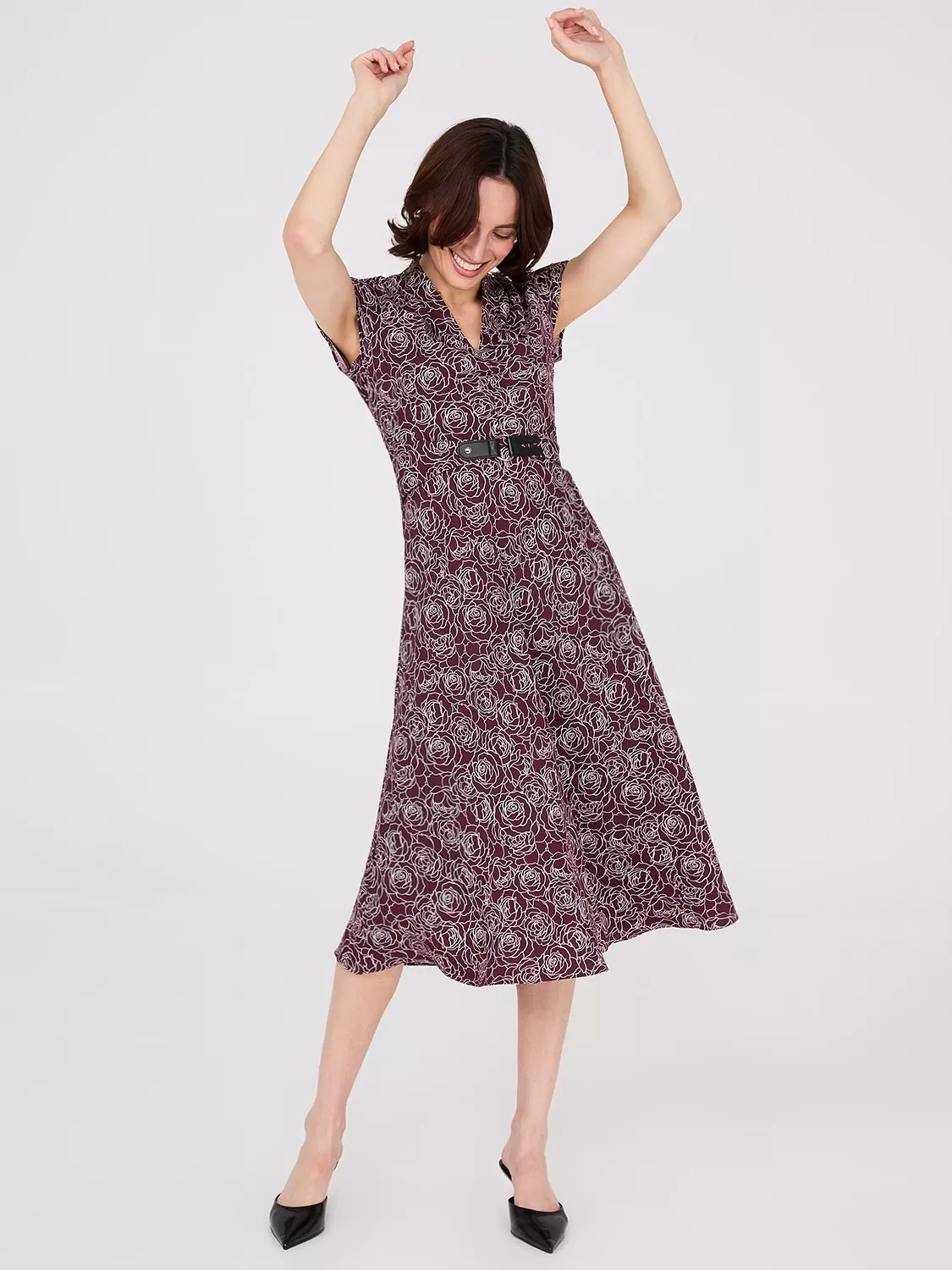 Floral Print Shawl Collar Belted Midi Dress