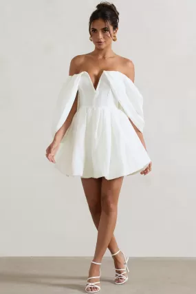 Marbella | Ecru Draped Bardot Skater Mini Dress