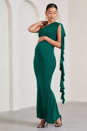 Rosalie | Bottle Green One-Shoulder Maternity Maxi Dress With Ruffles