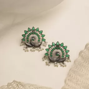 Teejh Nirwanshi Green Peacock Silver Oxidised  Earrings