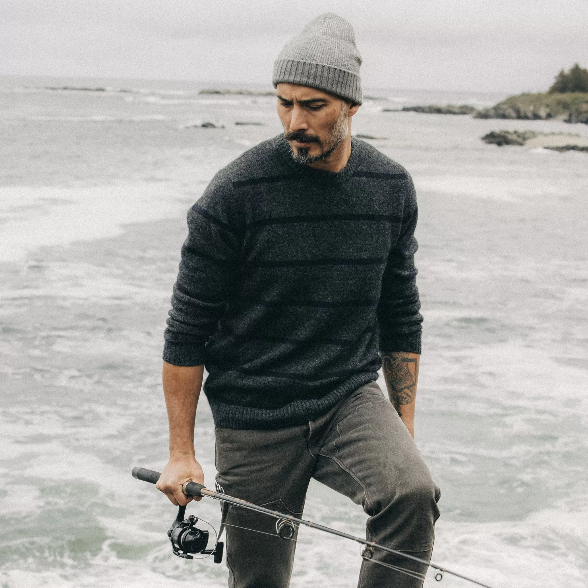 The Lodge Sweater in Charcoal Stripe