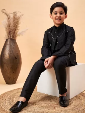 VASTRAMAY Boy's Black Mirror Work Jacket And Solid Kurta Pyjama Set