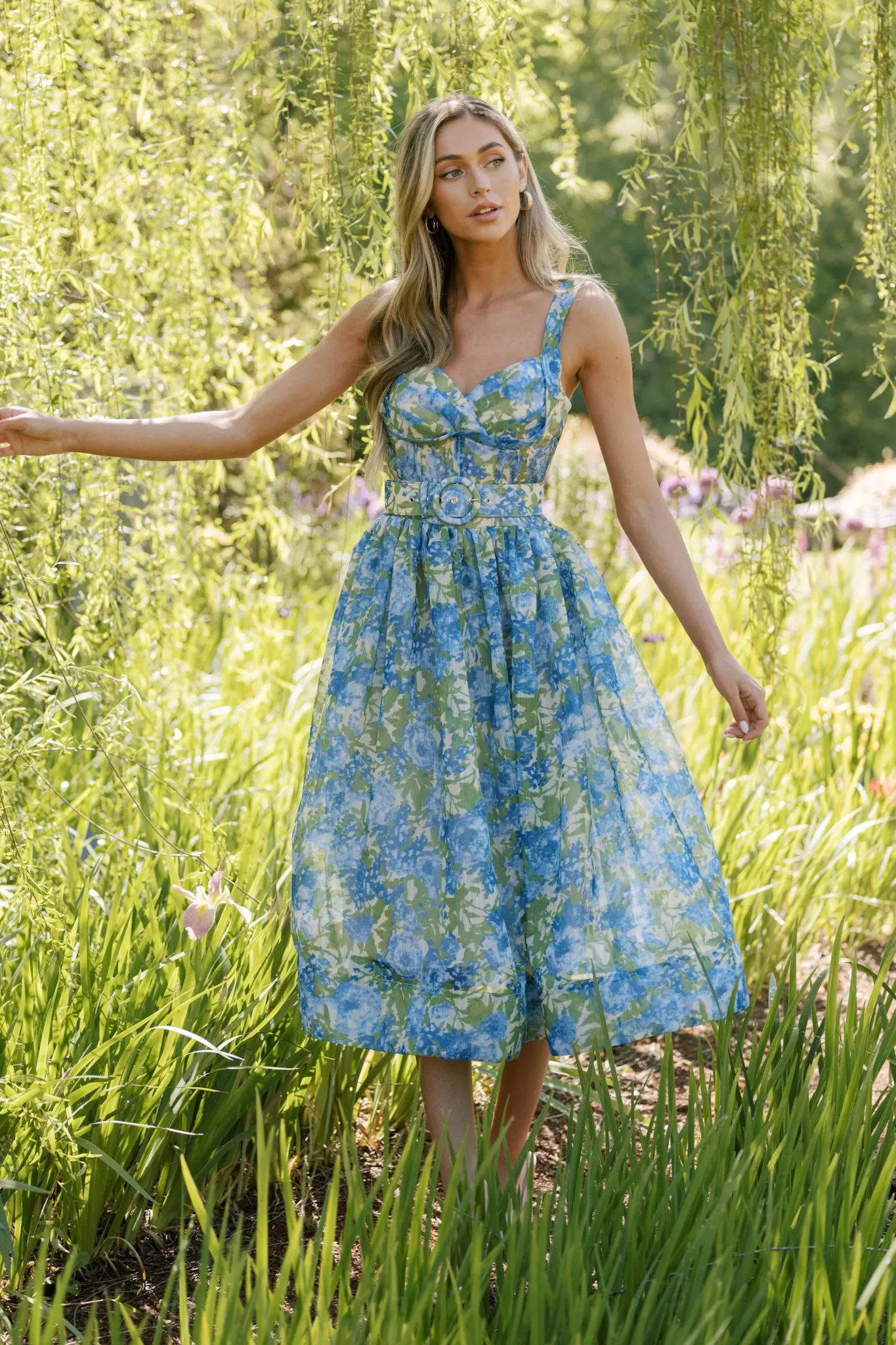 What We Do Blue Floral Belted Midi Dress