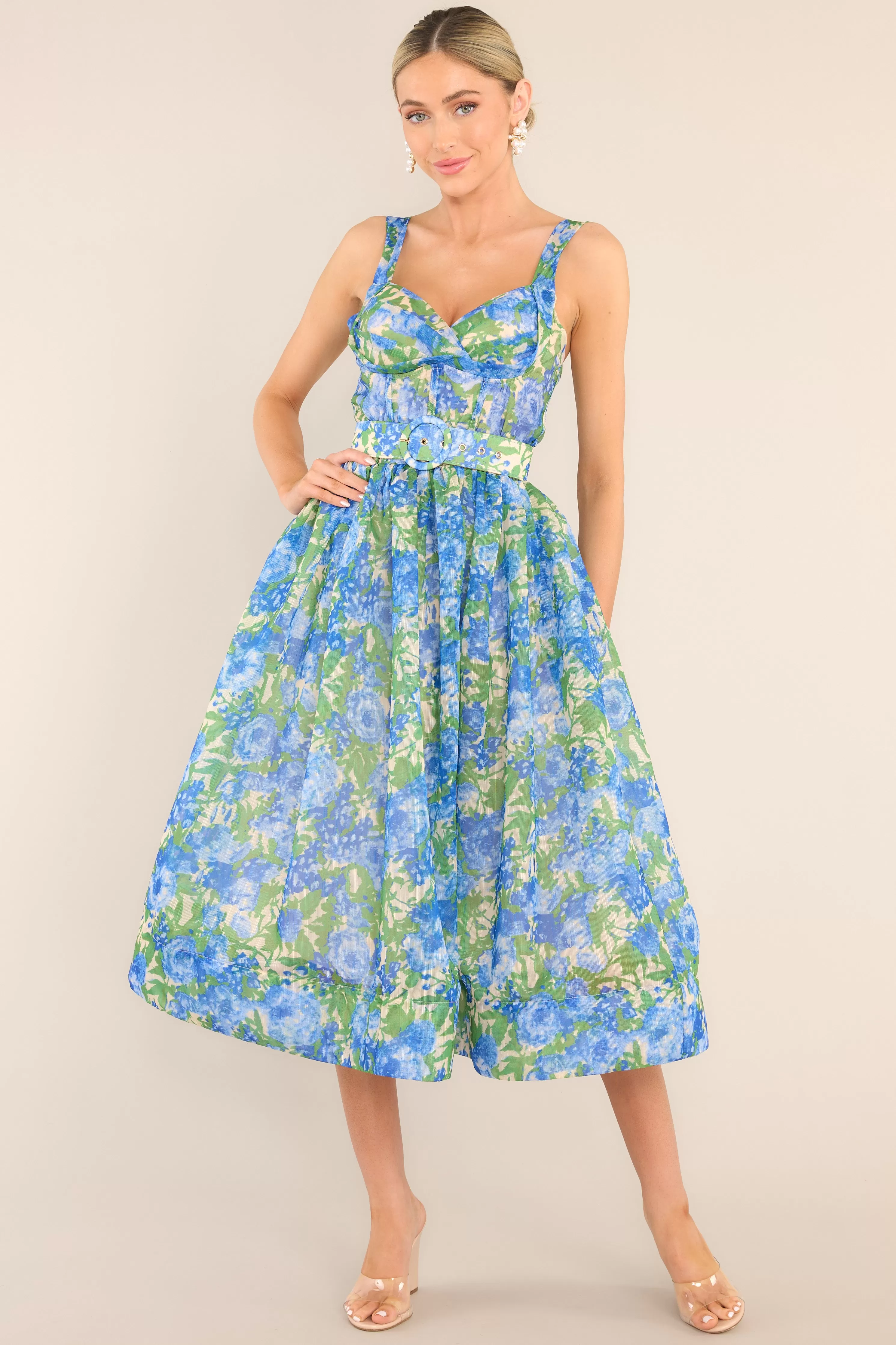 What We Do Blue Floral Belted Midi Dress