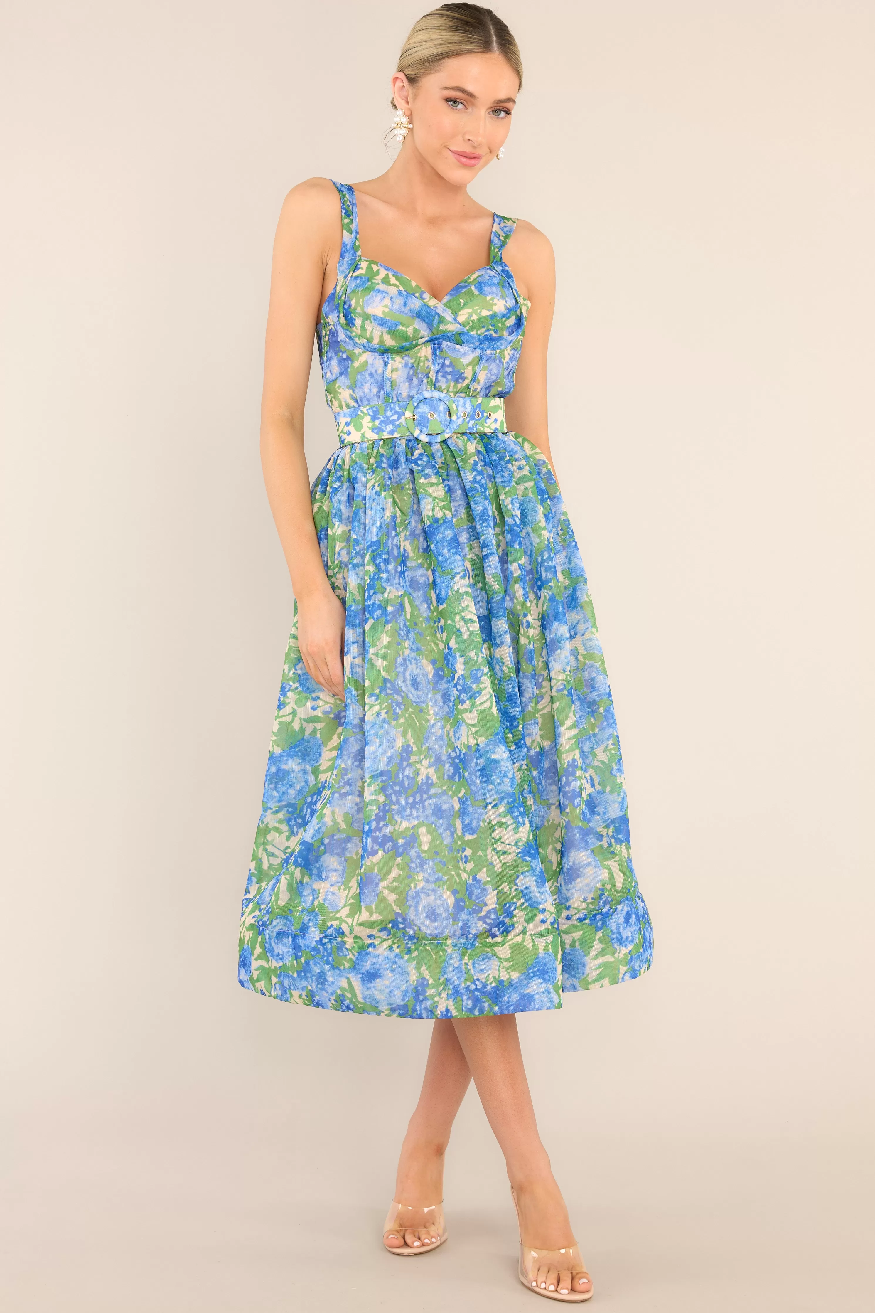 What We Do Blue Floral Belted Midi Dress