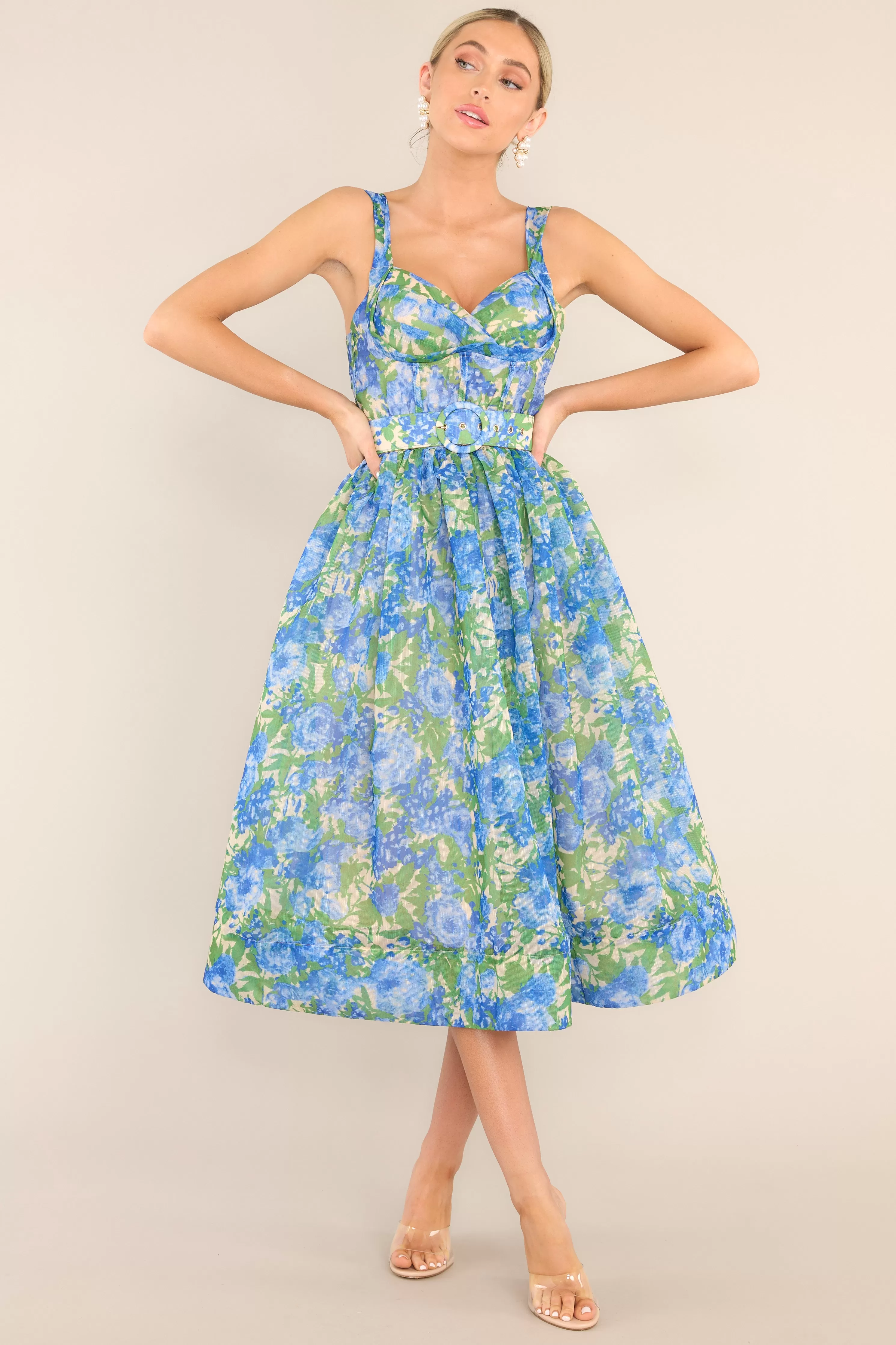 What We Do Blue Floral Belted Midi Dress